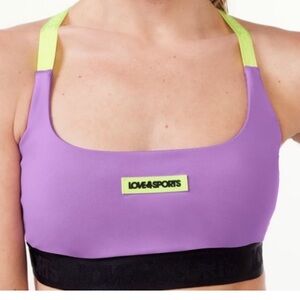 Love & Sports Purple Sports Bra Neon Yellow Straps Logo Band Women’s M 8–10